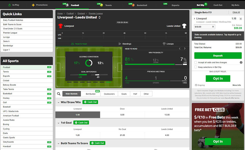 الخطوة 3: ابدأ الرهان في موقع betway منصة بتواي