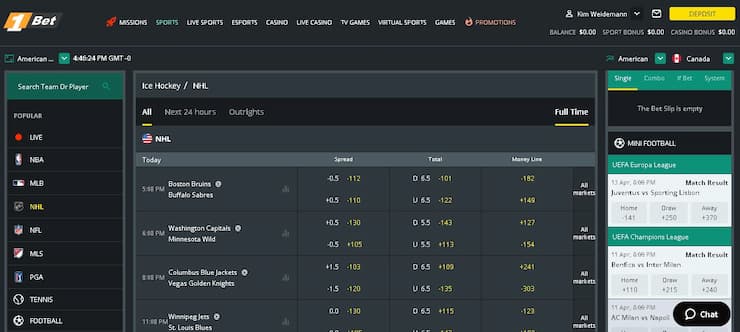 1Bet NHL Betting Lobby