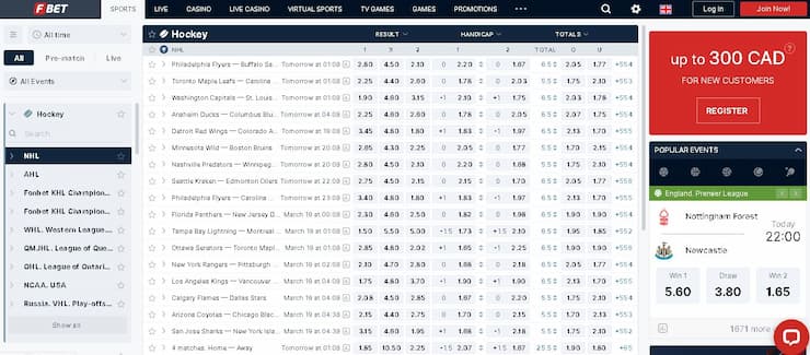 FBet Lobby NHL Markets