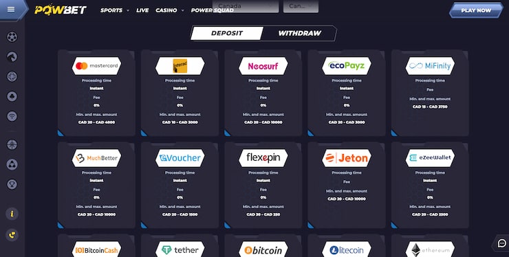 POWBet deposit page