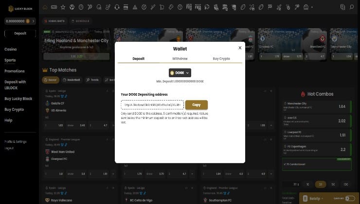 Making a deposit with Dogecoin at Lucky Block