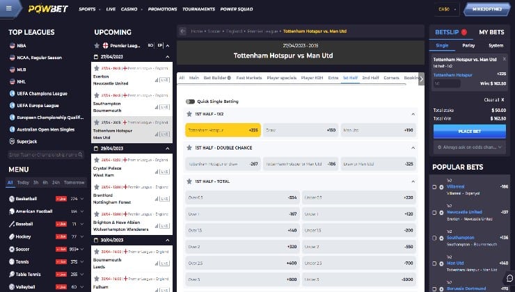 Wagering on Tottenham Hotspur to win the first half of a match against Man Utd