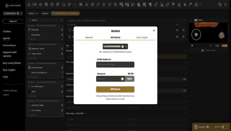 Withdrawing via Dogecoin at Lucky Block