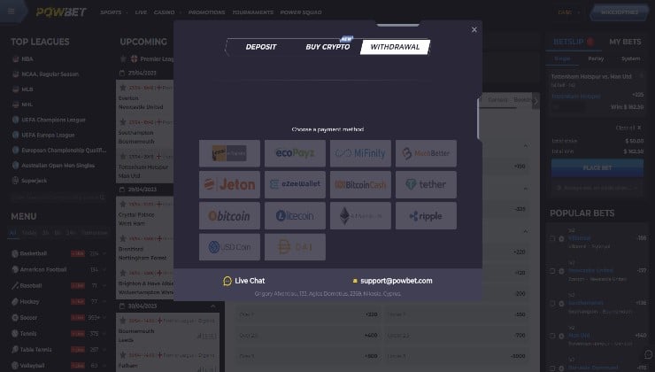 The withdrawal options available at Powbet