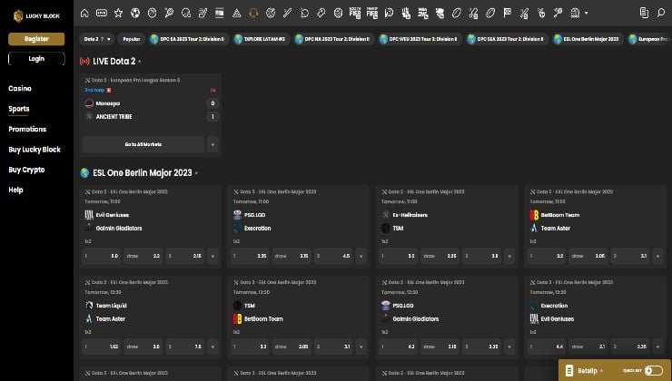 A look at some of the Dota 2 betting markets at Lucky Block