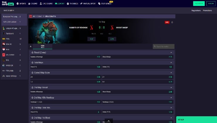 A Dota 2 game taking place between the Rabbits of Revenge and Ghost Sheep at True North Bet