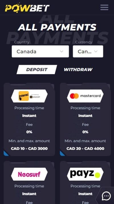 Caisno app payment methods Canada (1)