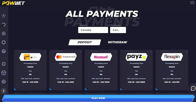 Payment Methods at Powbet in Canada