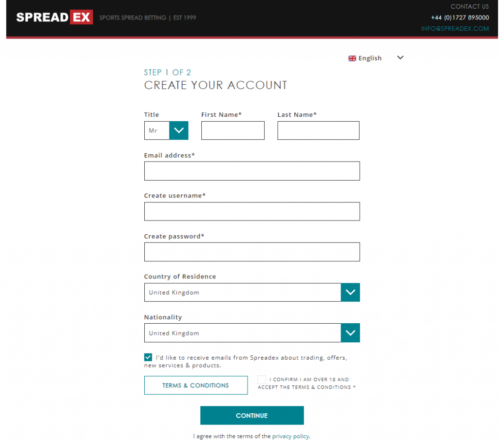 Spreadex signup form