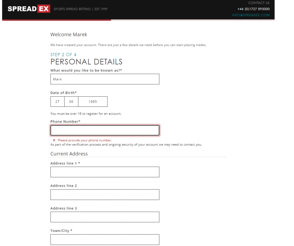 Spreadex signup form page 2