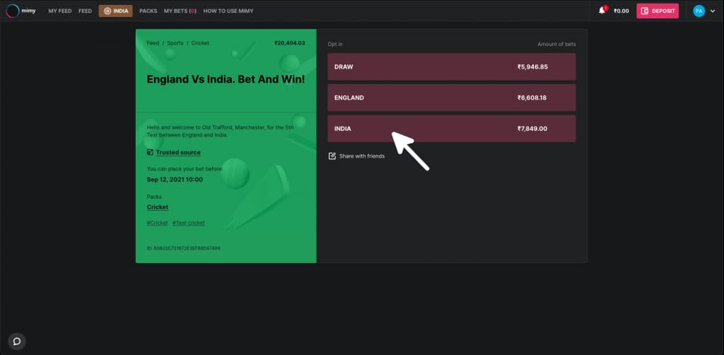 Mimy - Trusted Sportsbook in India - Pick a Bet Page