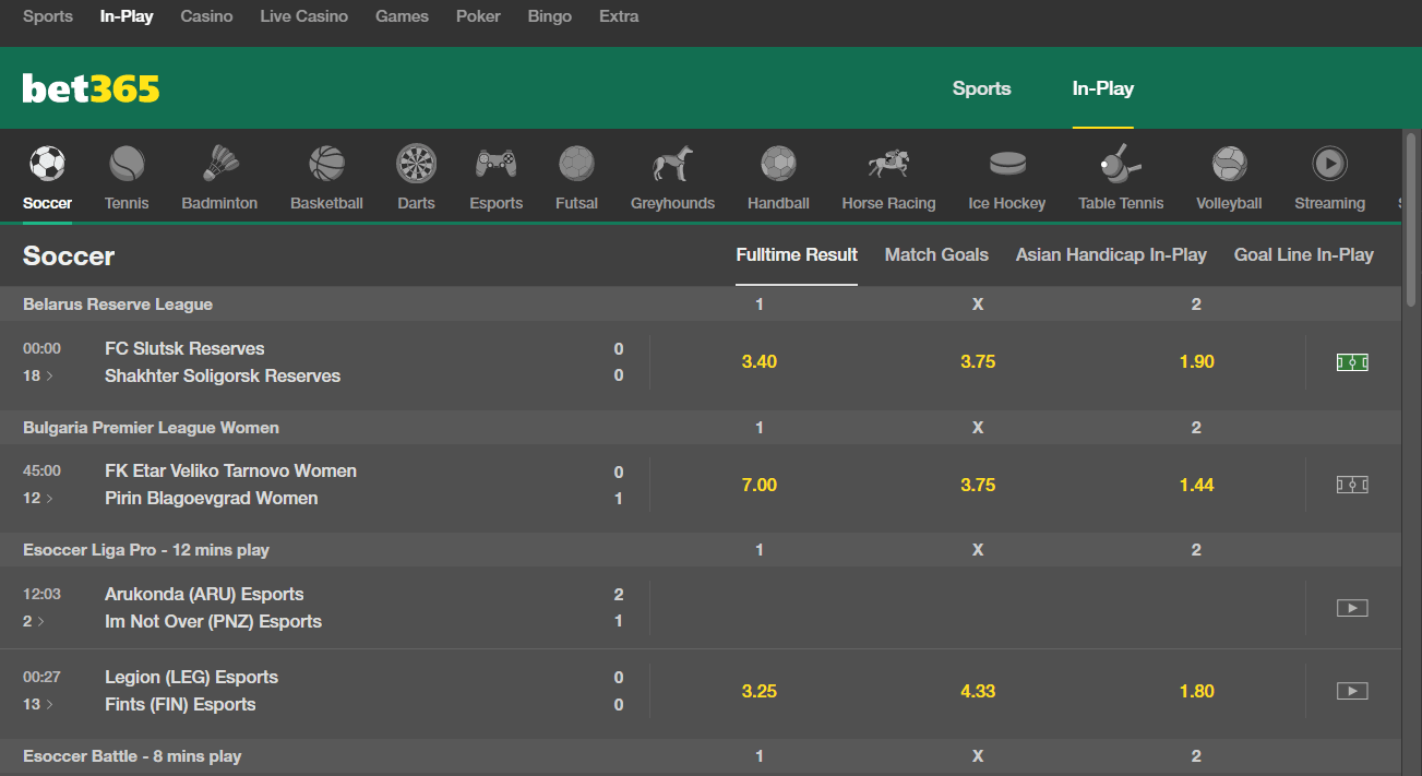 bet365 gambling online - in-play soccer betting page screen