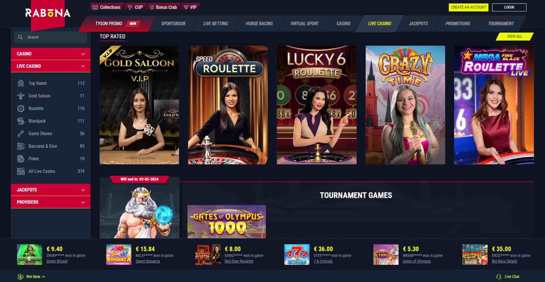 Rabona casino games selection