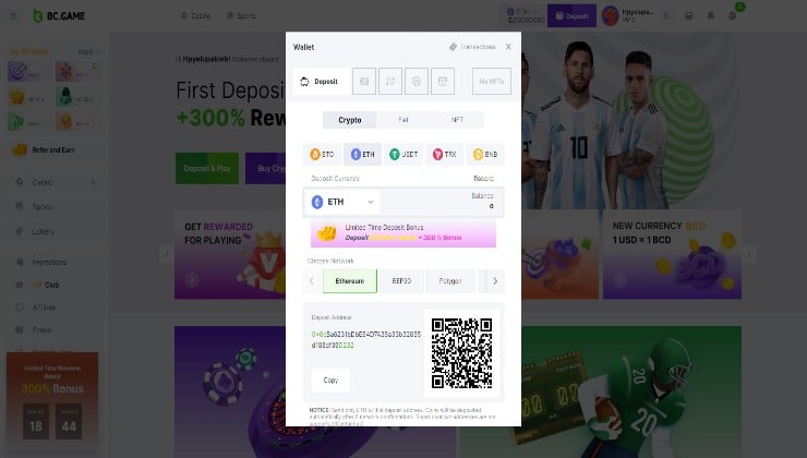 Making a deposit in Ethereum at BC.Game Philippines