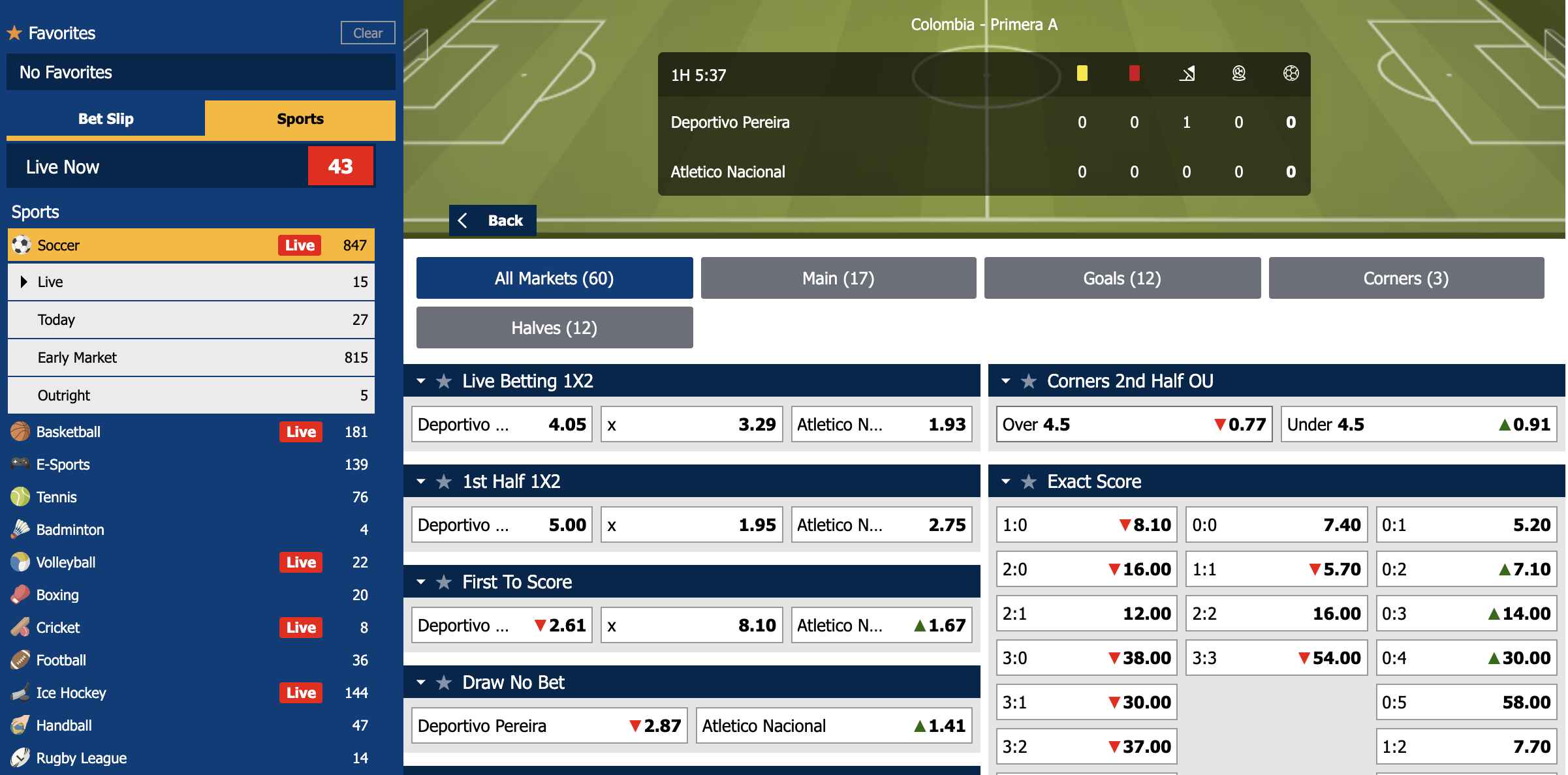 BK8 sportsbook Singapore - football betting in-play page screen