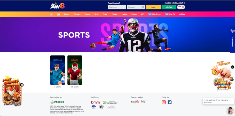 AW8 Sportsbook - Sports Betting Page Screen