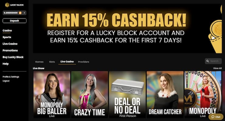 Lucky Block Casino with a nice welcome bonus in 15% cashback