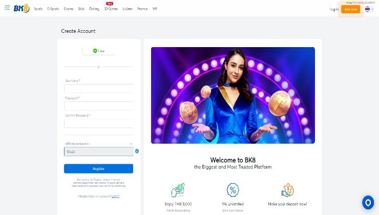 Signing up for an account at BK8