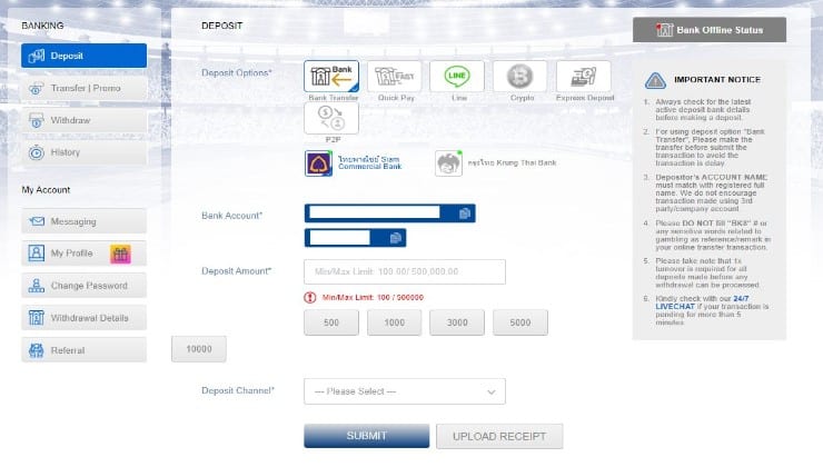 The depositing page at BK8 casino, as well as the available payment methods