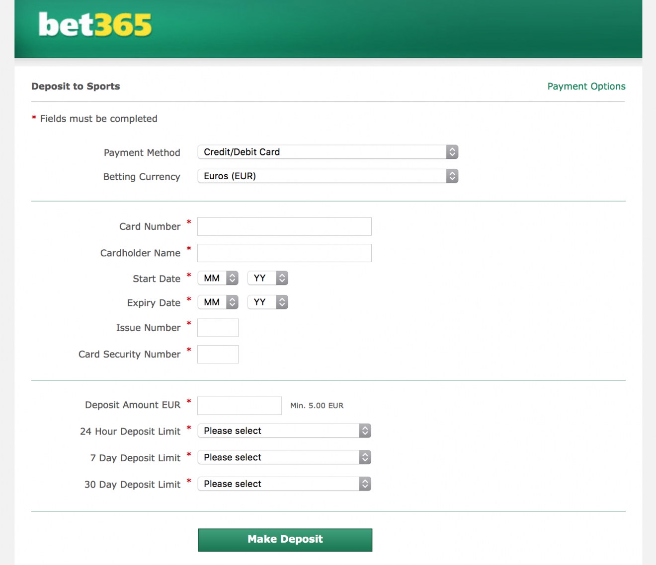 bet365 Sportsbook - Deposit Page