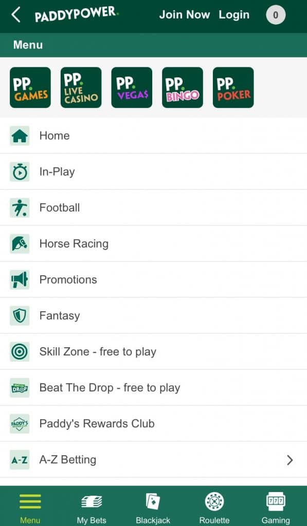 Paddy Power App Lobby