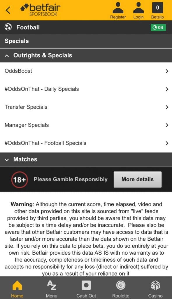 betfair football betting app specials