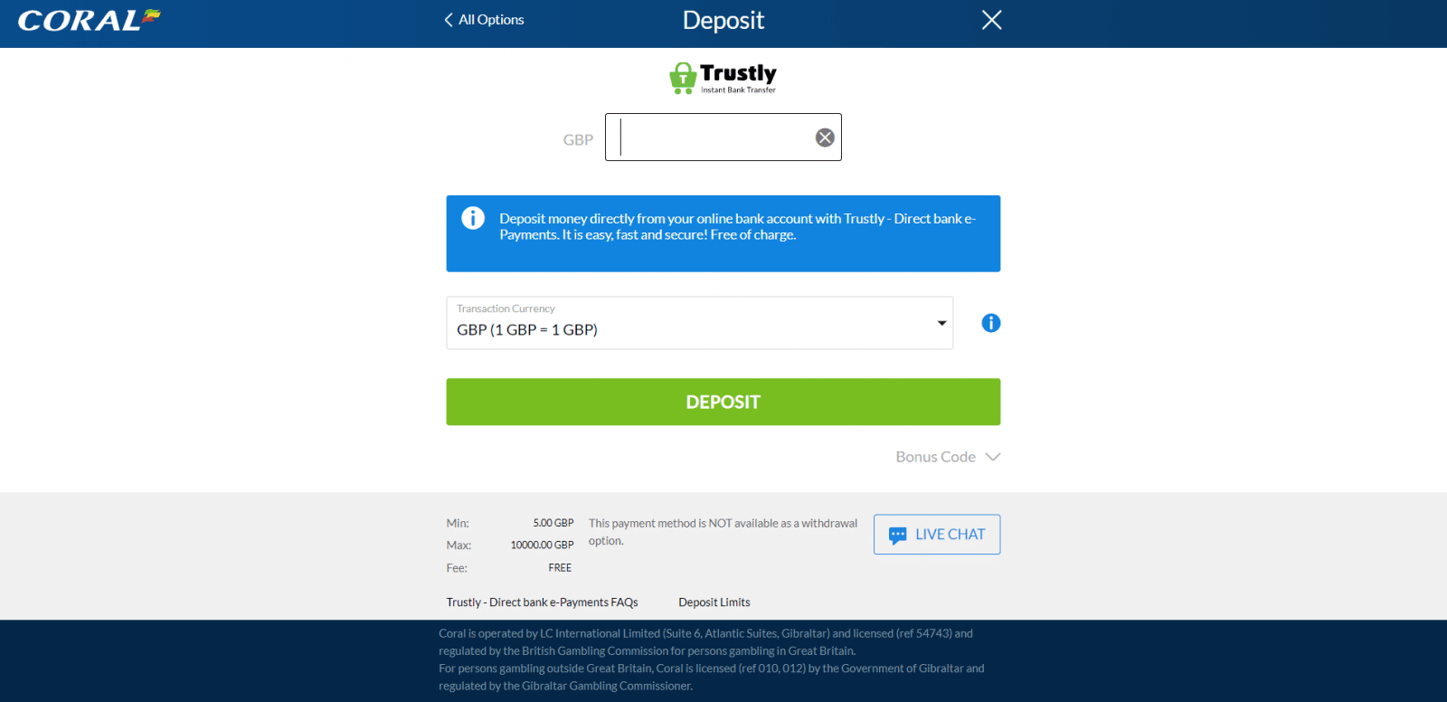 Coral Trustly betting site - deposit page