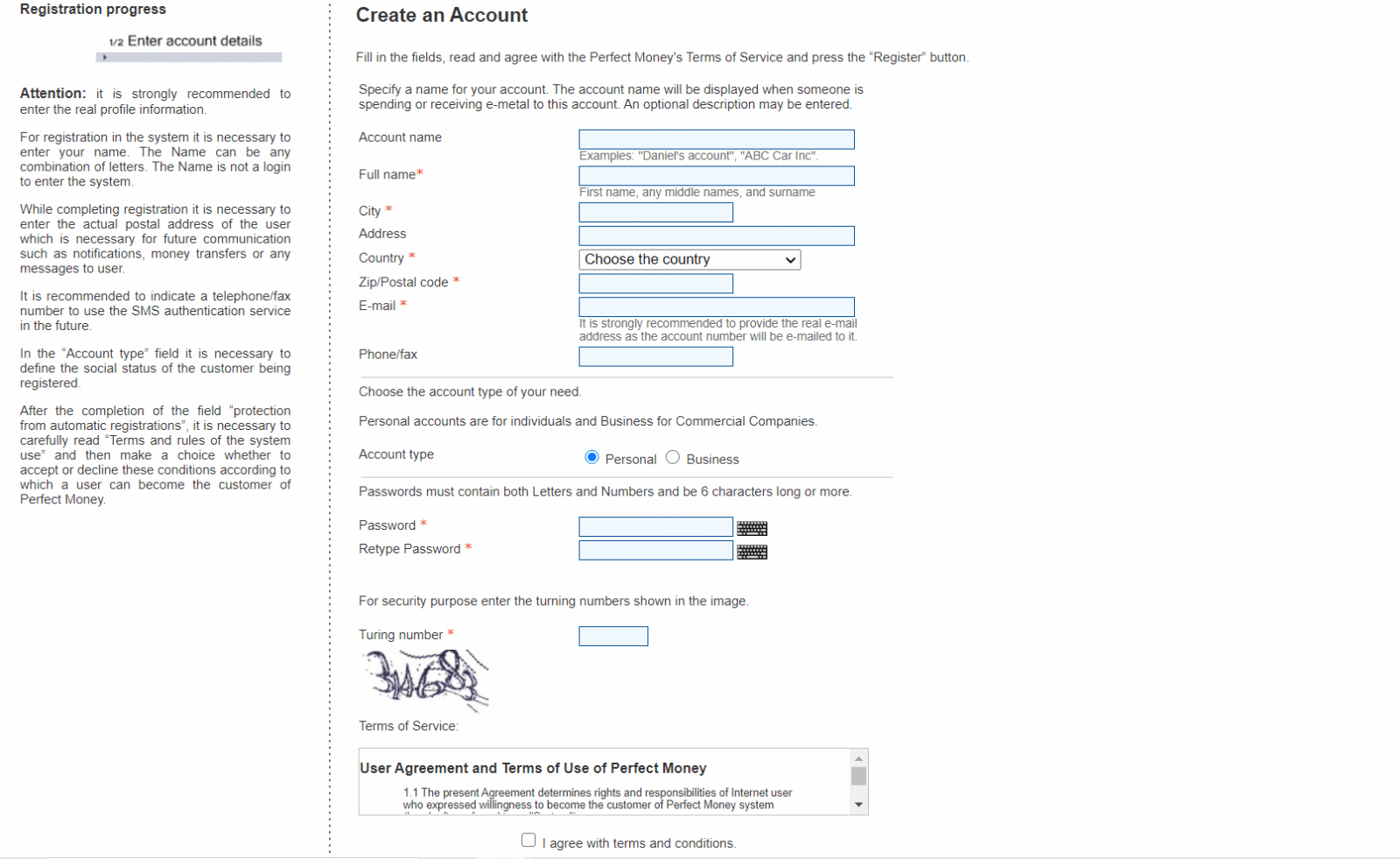 Perfect Money betting sites - registration screen
