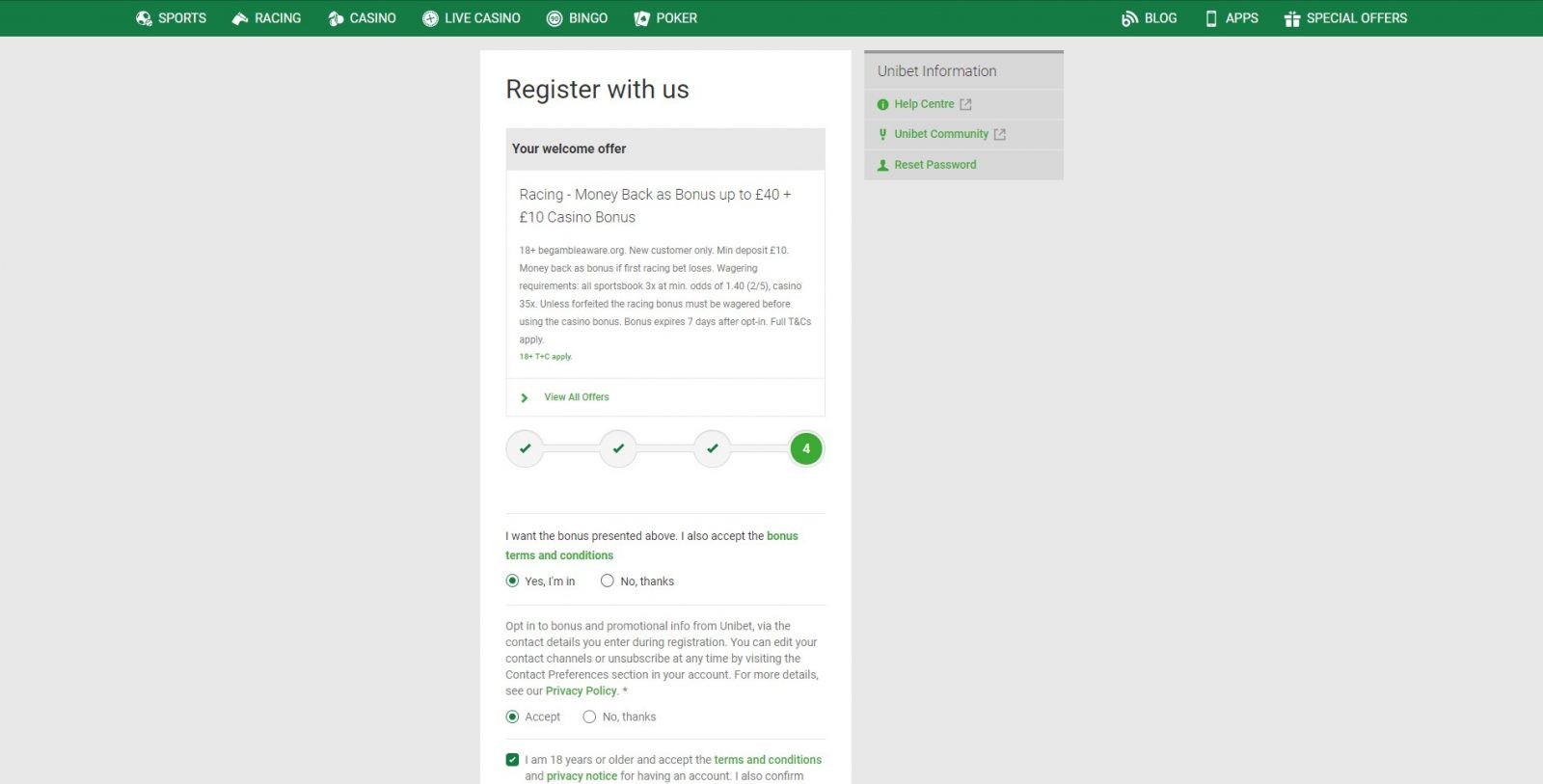 unibet sign up step 2