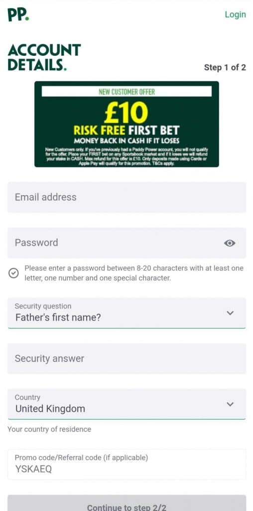 Paddy Power Interface
