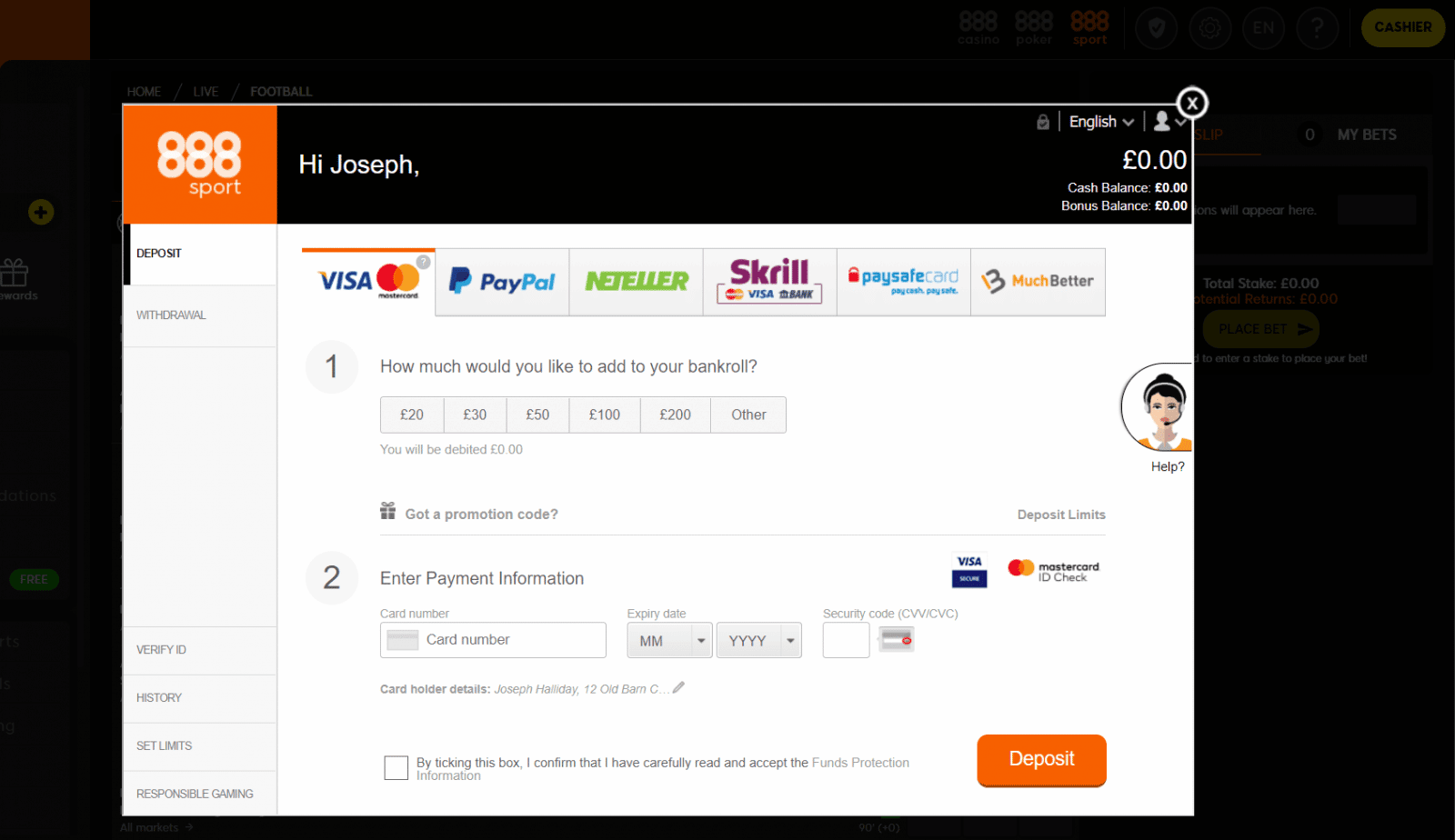 888sport free bet deposit screen