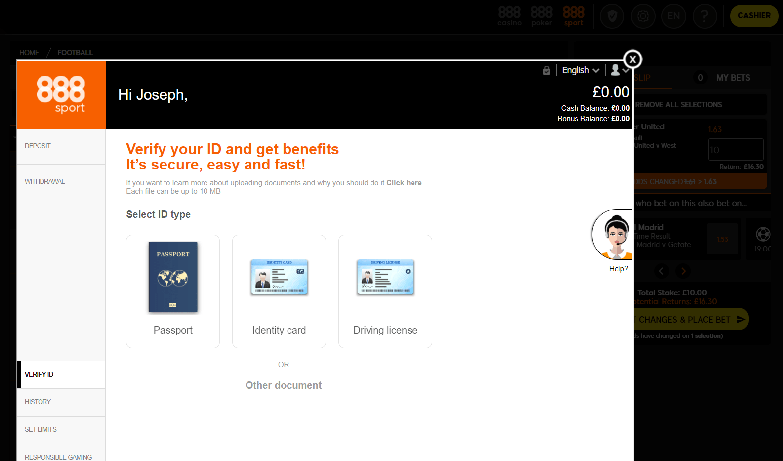 888sport free bet ID verification