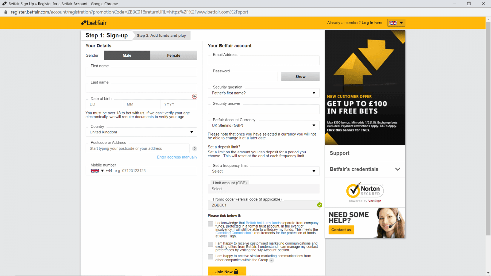 Betfair Free Bet - registration page