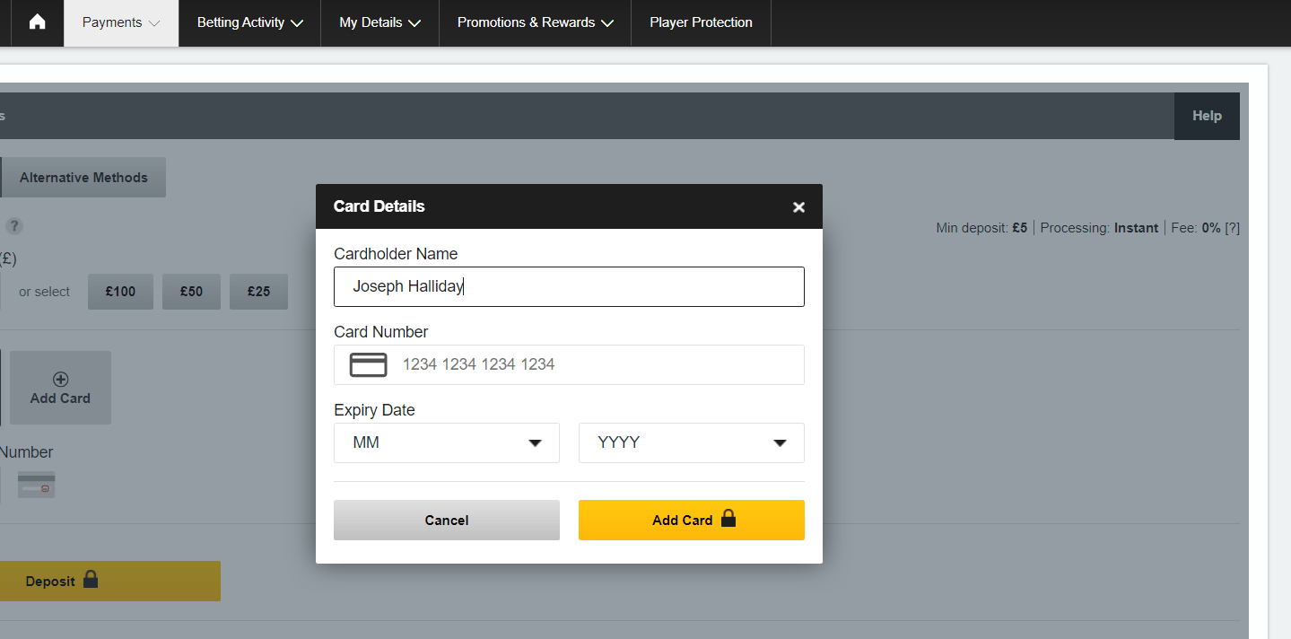 Betfair Free Bet - deposit page