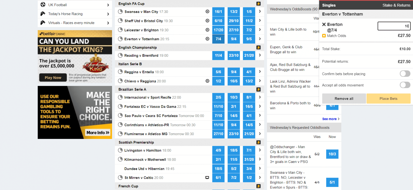 Betfair Free Bet - market selection