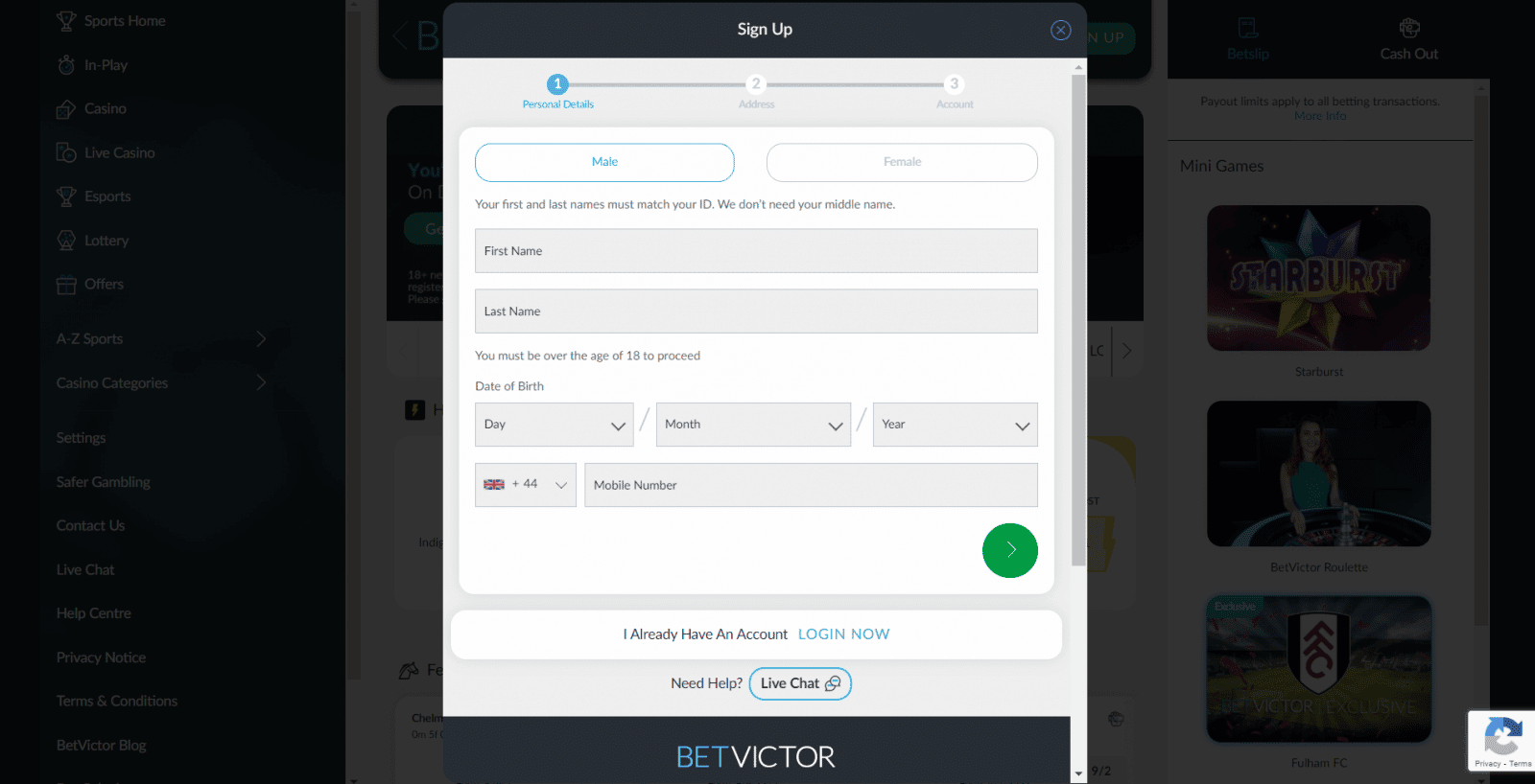 BetVictor free bet - sign up screen