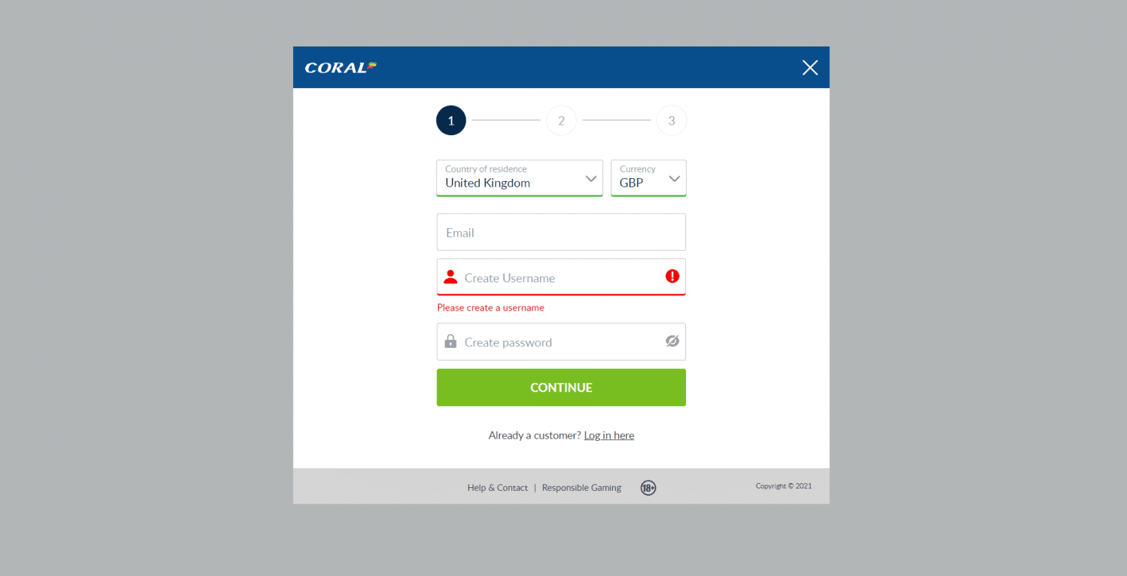 Coral free bet - registration screen