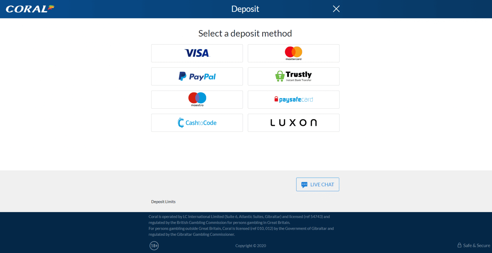 coral free bet - payment options