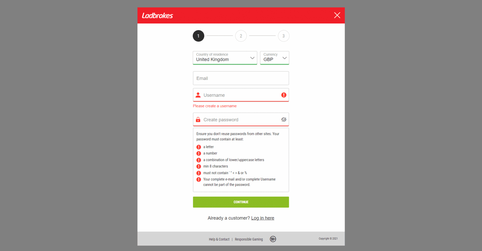 Ladbrokes free bet - sign up screen