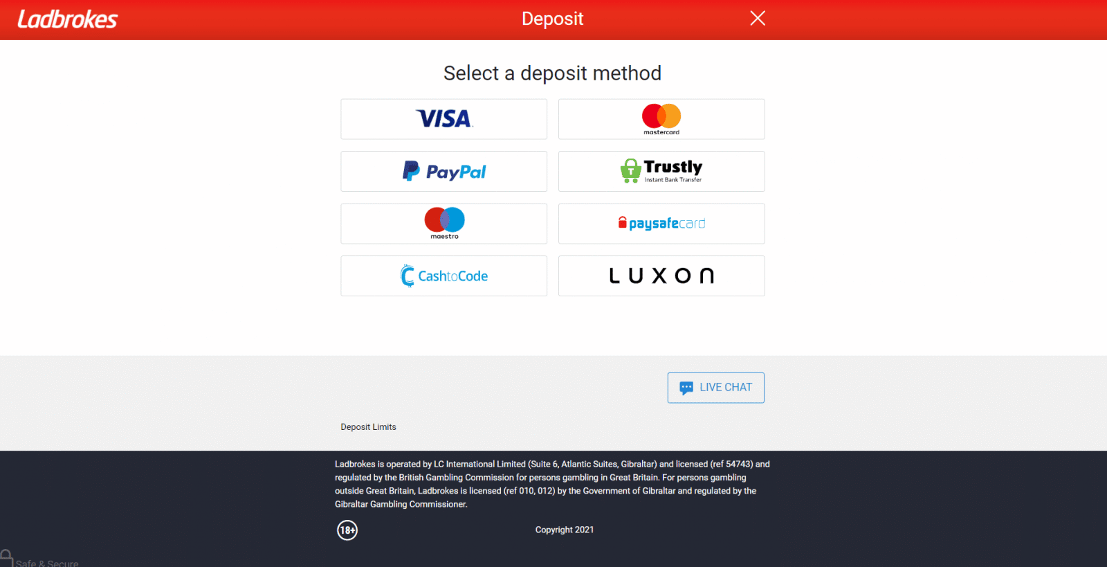 Ladbrokes free bet - deposit screen