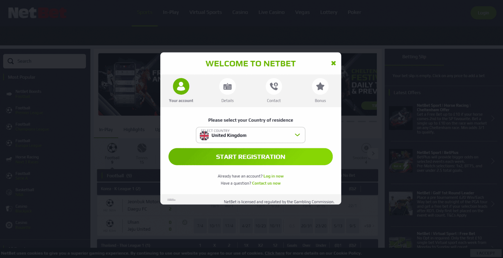 NetBet Free bet - registration screen