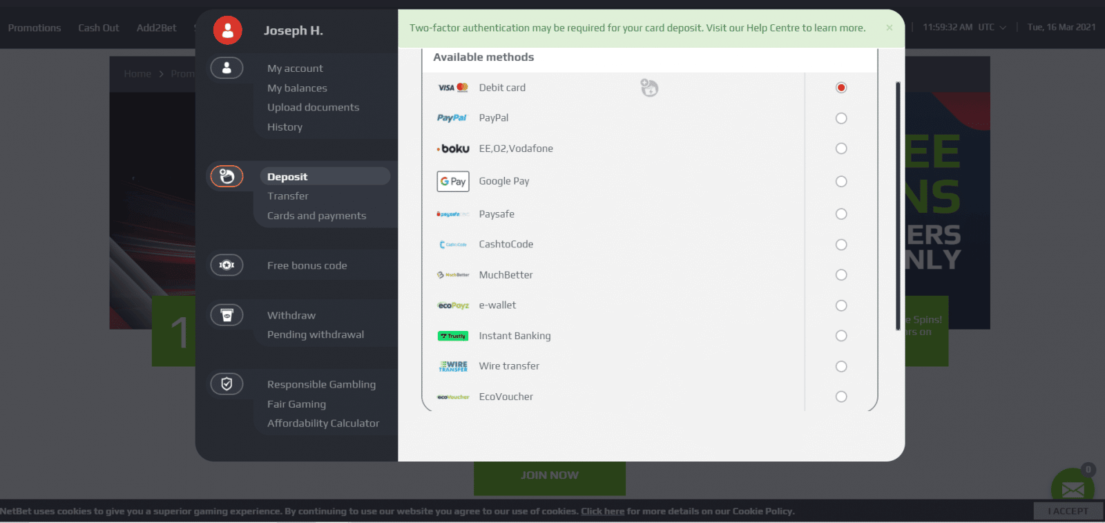 NetBet Free bet - deposit screen