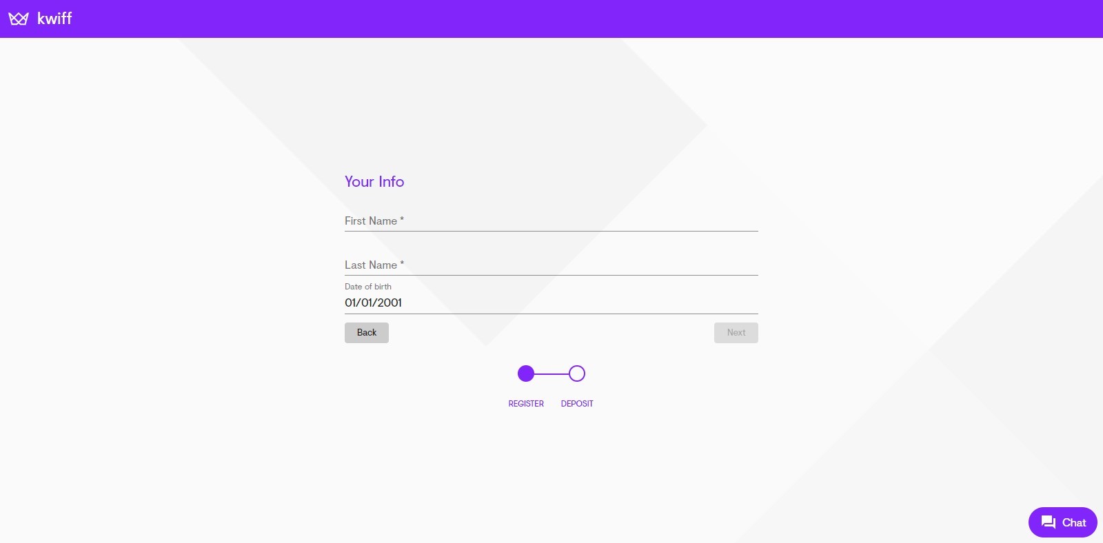 Kwiff Signup step 1