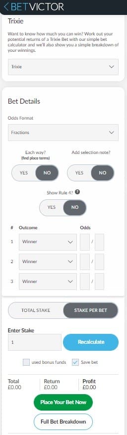 BetVictor trixie bet calculator