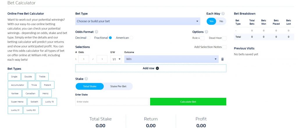 William Hill each way bet calculator