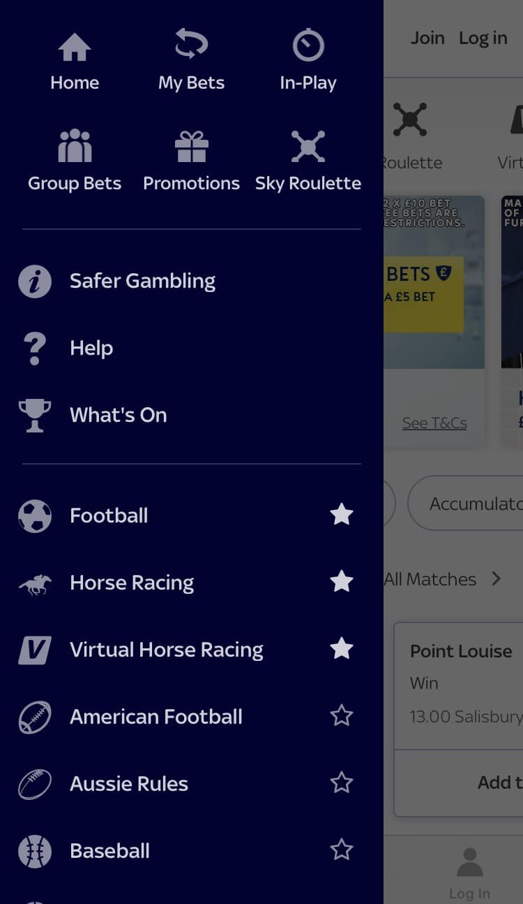 sky bet app review - main menu