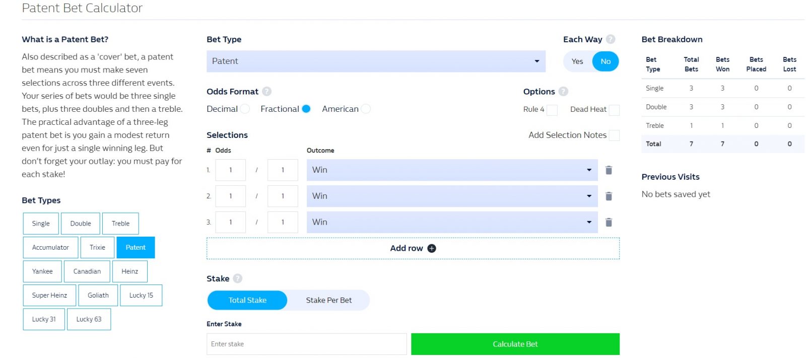 Patent bet calculator William Hill