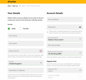 Betfair Registration Page