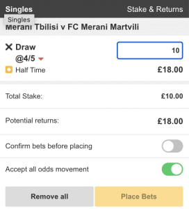 Betfair in play bet slip