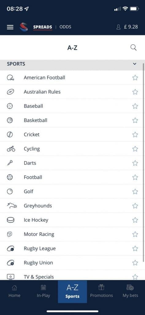 Sporting Index App spread sport list